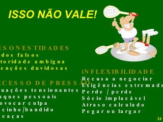 DESONESTIDADES Dados falsos Autoridade ambígua Intenções duvidosas EXCESSO DE PRESSÃO Situações tensionantes Ataques pessoais Provocar culpa Mocinho/bandido Ameaças iNFLEXIBILIDADE Recusa a negociar Exigências extremadas Perde / perde Sócio implacável Atraso calculado Pegar ou largar ISSO NÃO VALE! 