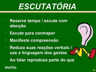ESCUTATÓRIA Reserve tempo / escute com atenção Escute para contrapor Manifeste compreensão Reduza suas reações verbais / use a linguagem dos gestos Ao falar reproduza parte do que  ouviu. 