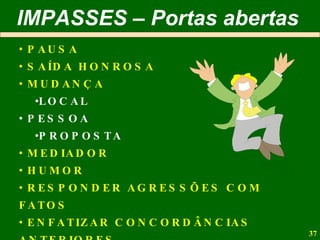 PAUSA SAÍDA HONROSA MUDANÇA LOCAL PESSOA PROPOSTA MEDIADOR HUMOR RESPONDER AGRESSÕES COM FATOS ENFATIZAR CONCORDÂNCIAS ANTERIORES PASSAR PARA ASSUNTOS NÃO CONFLITANTES IMPASSES – Portas abertas 