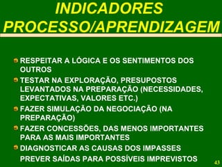RESPEITAR A LÓGICA E OS SENTIMENTOS DOS OUTROS TESTAR NA EXPLORAÇÃO, PRESUPOSTOS LEVANTADOS NA PREPARAÇÃO (NECESSIDADES, EXPECTATIVAS, VALORES ETC.) FAZER SIMULAÇÃO DA NEGOCIAÇÃO (NA PREPARAÇÃO) FAZER CONCESSÕES, DAS MENOS IMPORTANTES PARA AS MAIS IMPORTANTES DIAGNOSTICAR AS CAUSAS DOS IMPASSES PREVER SAÍDAS PARA POSSÍVEIS IMPREVISTOS INDICADORES  PROCESSO/APRENDIZAGEM 