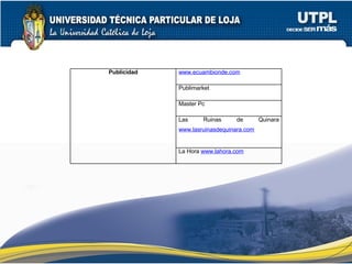 Publicidad www.ecuambionde.com Publimarket Master Pc Las Ruinas de Quinara  www.lasruinasdequinara.com La Hora  www.lahora.com 