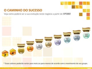 O CAMINHO DO SUCESSO
Veja como poderá ser a sua evolução neste negócio a partir do VP300!
* Esses valores poderão variar para mais ou para menos de acordo com o movimento do seu grupo.
2010
 