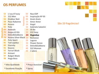  Alta Qualidade
 Excelente Fixação
 Preço Acessível
 Spray
São 33 fragrâncias!Femininas
02
05
06
11
14
16
19
22
24
28
29
33
35
40
42
Noa EDP
Inspiração Nº 05
Anais Anais
Amor Amor
Angel
Gabriela Sabatini
CK Be
212 Sexy
Hypnôse
Romance
Laguna
Flower Kenzo
Dolce&Gabbana
212 Woman
J`adore
Masculinas
52
55
56
58
60
66
69
70
75
78
80
81
89
91
92
94
97
98
L`eau D`Issey
212 Men
Drakkar Noir
Paco Rabanne
Azzaro
Polo
Animale
Acqua di Giò
Dolce&Gabbana
Azzaro Silver Black
Polo Sport
Ted Lapidus
Eternity
Kouros
Ferrari Black
Armani
Bulgari Black
Hugo Boss
2010
OS PERFUMES
 