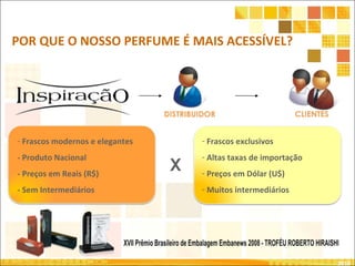 X
- Frascos modernos e elegantes
- Produto Nacional
- Preços em Reais (R$)
- Sem Intermediários
- Frascos exclusivos
- Altas taxas de importação
- Preços em Dólar (U$)
- Muitos intermediários
2010
POR QUE O NOSSO PERFUME É MAIS ACESSÍVEL?
 