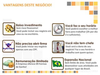 VANTAGENS DESTE NEGÓCIO! Sem risco financeiro! Você pode incluir seu negócio em casa ou no escritório. Você pode iniciar seu negócio apenas com seu CPF. A Empresa oferece 09 Formas de Ganho! Você poderá escolher a melhor hora para trabalhar (2h por dia é o suficiente). Você será o dono de seu negócio! Faz o seu horário e trabalha com quem quiser. Sem limite de área. Você pode desenvolver suas atividades em qualquer lugar do Brasil. 