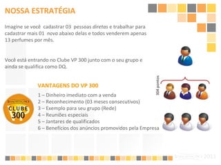 1 – Dinheiro imediato com a venda 2 – Reconhecimento (03 meses consecutivos) 3 – Exemplo para seu grupo (Rede) 4 – Reuniões especiais 5 – Jantares de qualificados 6 – Benefícios dos anúncios promovidos pela Empresa VANTAGENS DO VP 300 Imagine se você  cadastrar 03  pessoas  diretas  e trabalhar para cadastrar mais 01  nova  abaixo delas e todos venderem apenas 13 perfumes por mês. Você está entrando no Clube VP 300 junto com o seu grupo e ainda se qualifica como DQ. 304 pontos NOSSA ESTRATÉGIA 