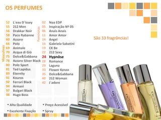 Alta Qualidade Excelente Fixação Preço Acessível Spray São 33 fragrâncias! OS PERFUMES Femininas 02 05 06 11 14 16 19 22 24 28 29 33 35 40 42 Noa EDP Inspiração Nº 05 Anais Anais Amor Amor Angel Gabriela Sabatini CK Be 212 Sexy Hypnôse Romance Laguna Flower Kenzo Dolce&Gabbana 212 Woman J`adore Masculinas 52 55 56 58 60 66 69 70 75 78 80 81 89 91 92 94 97 98 L`eau D`Issey 212 Men Drakkar Noir Paco Rabanne Azzaro Polo Animale Acqua di Giò Dolce&Gabbana Azzaro Silver Black Polo Sport Ted Lapidus Eternity Kouros Ferrari Black Armani Bulgari Black Hugo Boss 