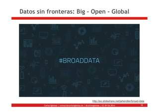 Carlos Iglesias | contact@carlosiglesias.es | @carlosiglesias | CC-BY-SA 2014
Datos sin fronteras: Big – Open - Global
18
...