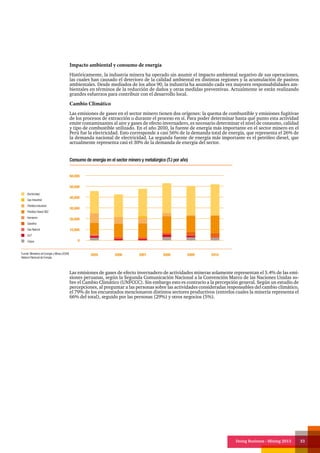 Doing Business - Mining 2013 33
Impacto ambiental y consumo de energía
Históricamente, la industria minera ha operado sin asumir el impacto ambiental negativo de sus operaciones,
las cuales han causado el deterioro de la calidad ambiental en distintas regiones y la acumulación de pasivos
ambientales. Desde mediados de los años 90, la industria ha asumido cada vez mayores responsabilidades am-
bientales en términos de la reducción de daños y otras medidas preventivas. Actualmente se están realizando
grandes esfuerzos para contribuir con el desarrollo local.
Cambio Climático
Las emisiones de gases en el sector minero tienen dos orígenes: la quema de combustible y emisiones fugitivas
de los procesos de extracción o durante el proceso en sí. Para poder determinar hasta qué punto esta actividad
emite contaminantes al aire y gases de efecto invernadero, es necesario determinar el nivel de consumo, calidad
y tipo de combustible utilizado. En el año 2010, la fuente de energía más importante en el sector minero en el
Perú fue la electricidad. Esto corresponde a casi 56% de la demanda total de energía, que representa el 26% de
la demanda nacional de electricidad. La segunda fuente de energía más importante es el petróleo diesel, que
actualmente representa casi el 30% de la demanda de energía del sector.
Las emisiones de gases de efecto invernadero de actividades mineras solamente representan el 5.4% de las emi-
siones peruanas, según la Segunda Comunicación Nacional a la Convención Marco de las Naciones Unidas so-
bre el Cambio Climático (UNFCCC). Sin embargo esto es contrario a la percepción general. Según un estudio de
percepciones, al preguntar a las personas sobre las actividades consideradas responsables del cambio climático,
el 79% de los encuestados mencionaron distintos sectores productivos (entrelos cuales la minería representa el
66% del total), seguido por las personas (29%) y otros negocios (5%).
Consumo de energía en el sector minero y metalúrgico (TJ por año)
Fuente: Ministerio de Energía y Minas (2009)
Balance Nacional de Energía.
2008 2009 201020062005 2007
Electricidad,
Gas Industrial
Petróleo Industrial
Petróleo Diesel DB2
Kerosene
Gasolina
Gas Natural
GLP
Coque
60,000
50,000
40,000
30,000
20,000
10,000
0
 