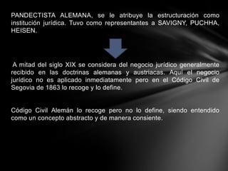 PANDECTISTA ALEMANA, se le atribuye la estructuración como
institución jurídica. Tuvo como representantes a SAVIGNY, PUCHHA,
HEISEN.
A mitad del siglo XIX se considera del negocio jurídico generalmente
recibido en las doctrinas alemanas y austriacas. Aquí el negocio
jurídico no es aplicado inmediatamente pero en el Código Civil de
Segovia de 1863 lo recoge y lo define.
Código Civil Alemán lo recoge pero no lo define, siendo entendido
como un concepto abstracto y de manera consiente.
 