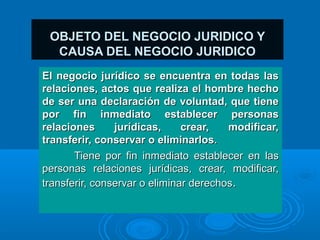 OBJETO DEL NEGOCIO JURIDICO Y
  CAUSA DEL NEGOCIO JURIDICO
El negocio jurídico se encuentra en todas las
relaciones, actos que realiza el hombre hecho
de ser una declaración de voluntad, que tiene
por fin inmediato establecer personas
relaciones      jurídicas,     crear,   modificar,
transferir, conservar o eliminarlos.
       Tiene por fin inmediato establecer en las
personas relaciones jurídicas, crear, modificar,
transferir, conservar o eliminar derechos.
 