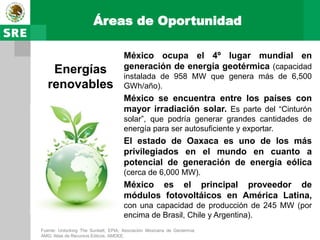 Áreas de Oportunidad

                                     México ocupa el 4º lugar mundial en
    Energías                         generación de energía geotérmica (capacidad
                                     instalada de 958 MW que genera más de 6,500
   renovables                        GWh/año).
                                     México se encuentra entre los países con
                                     mayor irradiación solar. Es parte del “Cinturón
                                     solar”, que podría generar grandes cantidades de
                                     energía para ser autosuficiente y exportar.
                                     El estado de Oaxaca es uno de los más
                                     privilegiados en el mundo en cuanto a
                                     potencial de generación de energía eólica
                                     (cerca de 6,000 MW).
                                     México es el principal proveedor de
                                     módulos fotovoltáicos en América Latina,
                                     con una capacidad de producción de 245 MW (por
                                     encima de Brasil, Chile y Argentina).
Fuente: Unlocking The Sunbelt, EPIA; Asociación Mexicana de Geotermia,
AMG; Atlas de Recursos Eólicos, AMDEE.
 