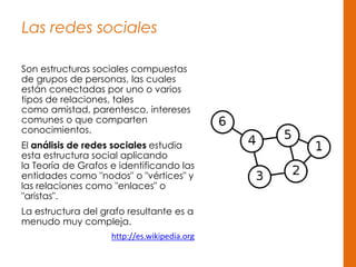 Las redes sociales
Son estructuras sociales compuestas
de grupos de personas, las cuales
están conectadas por uno o varios
tipos de relaciones, tales
como amistad, parentesco, intereses
comunes o que comparten
conocimientos.
El análisis de redes sociales estudia
esta estructura social aplicando
la Teoría de Grafos e identificando las
entidades como "nodos" o "vértices" y
las relaciones como "enlaces" o
"aristas".
La estructura del grafo resultante es a
menudo muy compleja.
http://es.wikipedia.org
 