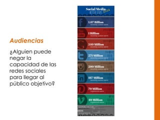 Audiencias
¿Alguien puede
negar la
capacidad de las
redes sociales
para llegar al
público objetivo?
 