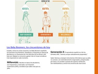 Los Baby Boomers, los cincuentones de hoy
Casados, incluso en varias ocasiones, los Baby Boomers españoles
son personas muy familiares. Gastadores y marquistas en épocas de
abundancia, en situaciones de crisis disfrutan de las ofertas y del
low-cost. Adaptan su consumo y gastan más en lo que consideran
más importante en cada momento.
Millennials: Nacidos en época de abundancia,
son impacientes y malcriados. Con titulación
universitaria (54%,) consideran que saben más que sus
jefes.
Generación X: El equivalente español es el de los
llamados JASP, "Jóvenes aunque sobradamente preparados".
Saben idiomas y manejan instrumentos informáticos que sus jefes
no conocen, son sistemáticamente ninguneados y despreciados
por estos y no acceden a puestos de superior retribución.
Son individualistas y carecen de conciencia de clase social.
 