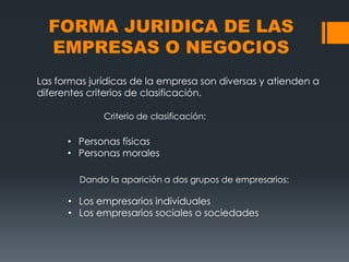 FORMA JURIDICA DE LAS
  EMPRESAS O NEGOCIOS
Las formas jurídicas de la empresa son diversas y atienden a
diferentes criterios de clasificación.

              Criterio de clasificación:

      • Personas físicas
      • Personas morales

         Dando la aparición a dos grupos de empresarios:

      • Los empresarios individuales
      • Los empresarios sociales o sociedades
 