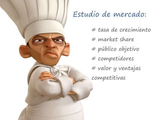 Estudio de mercado:# tasa de crecimiento # market share# público objetivo# competidores# valor y ventajas competitivas