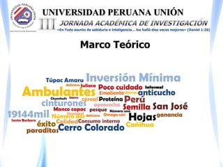 Ambulantes
Inversión Mínima
cinturones
19144mil
Poco cuidado
aprovecha
Semilla
Cañihua
Hojas
Manco capac
Perú
Número dos
Consumo interno
Proteína
Túpac Amaru
Omega seis
Emoliente
ganancia
Informal
Chunchulis
pesque
Dominical
Número uno
Santa Barbara
damas
éxito
Juliaca
cereal
delicioso
Calidad
hierro
Cerro Colorado
San José
paraditas
UNIVERSIDAD PERUANA UNIÓN
«En Todo asunto de sabiduría e inteligencia… los halló diez veces mejores» (Daniel 1:20)
Marco Teórico
anticucho
delicioso
 