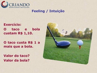 Feeling / Intuição

Exercício:
O
taco
e
bola
custam R$ 1,10.
O taco custa R$ 1 a
mais que a bola.
Valor do taco?
Valor da bola?

 
