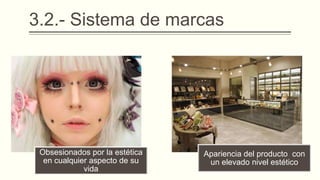 3.2.- Sistema de marcas
Obsesionados por la estética
en cualquier aspecto de su
vida
Apariencia del producto con
un elevado nivel estético
 