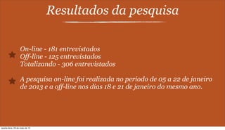 Resultados da pesquisa
On-line - 181 entrevistados
Off-line - 125 entrevistados
Totalizando - 306 entrevistados
A pesquisa on-line foi realizada no período de 05 a 22 de janeiro
de 2013 e a off-line nos dias 18 e 21 de janeiro do mesmo ano.
quarta-feira, 29 de maio de 13
 