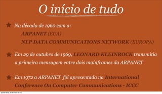 O início de tudo
Na década de 1960 com a:
ARPANET (EUA)
NLP DATA COMMUNICATIONS NETWORK (EUROPA)
Em 29 de outubro de 1969, LEONARD KLEINROCK transmitia
a primeira mensagem entre dois mainframes da ARPANET
Em 1972 a ARPANET foi apresentada na International
Conference On Computer Communications - ICCC
quarta-feira, 29 de maio de 13
 