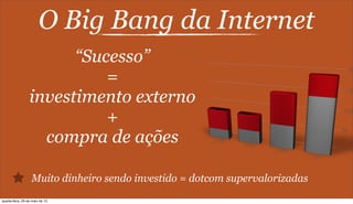 O Big Bang da Internet
“Sucesso”
=
investimento externo
+
compra de ações
Muito dinheiro sendo investido = dotcom supervalorizadas
0
50
100
150
20
1995
1998
2000
2001
quarta-feira, 29 de maio de 13
 