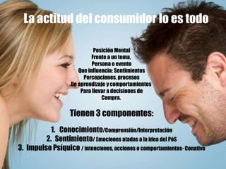 La actitud del consumidor lo es todo
Posición Mental
Frente a un tema,
Persona o evento
Que influencia: Sentimientos
Percepciones, procesos
De aprendizaje y comportamientos
Para llevar a decisiones de
Compra.
Tienen 3 componentes:
1. Conocimiento/Comprensión/Interpretación
2. Sentimiento/ Emociones atadas a la idea del PóS
3. Impulso Psíquico / intenciones, acciones o comportamientos- Conativo
 