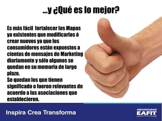 Es más fácil fortalecer los Mapas
ya existentes que modificarlos ó
crear nuevos ya que los
consumidores están expuestos a
cientos de mensajes de Marketing
diariamente y sólo algunos se
quedan en su memoria de largo
plazo.
Se quedan los que tienen
significado o fueron relevantes de
acuerdo a las asociaciones que
establecieron.
…y ¿Qué es lo mejor?
 