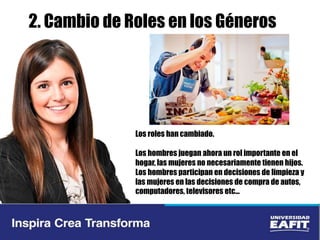 2. Cambio de Roles en los Géneros
Los roles han cambiado.
Los hombres juegan ahora un rol importante en el
hogar, las mujeres no necesariamente tienen hijos.
Los hombres participan en decisiones de limpieza y
las mujeres en las decisiones de compra de autos,
computadores, televisores etc...
 