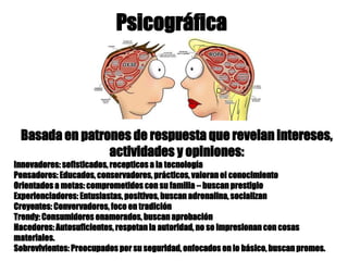 Psicográfica
Basada en patrones de respuesta que revelan intereses,
actividades y opiniones:
Innovadores: sofisticados, recepticos a la tecnología
Pensadores: Educados, conservadores, prácticos, valoran el conocimiento
Orientados a metas: comprometidos con su familia – buscan prestigio
Experienciadores: Entusiastas, positivos, buscan adrenalina, socializan
Creyentes: Convervadores, foco en tradición
Trendy: Consumidores enamorados, buscan aprobación
Hacedores: Autosuficientes, respetan la autoridad, no se impresionan con cosas
materiales.
Sobrevivientes: Preocupados por su seguridad, enfocados en lo básico, buscan promos.
 