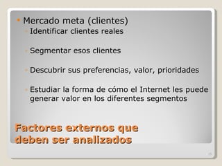 Factores externos que  deben ser analizados Mercado meta (clientes) Identificar clientes reales Segmentar esos clientes Descubrir sus preferencias, valor, prioridades Estudiar la forma de cómo el Internet les puede generar valor en los diferentes segmentos 