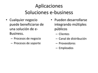 Aplicaciones
           Soluciones e-business
• Cualquier negocio       • Pueden desarrollarse
  puede beneficiarse de     integrando múltiples
  una solución de e-        públicos
  Business.                 –   Clientes
  – Procesos de negocio     –   Canal de distribución
  – Procesos de soporte     –   Proveedores
                            –   Empleados
 