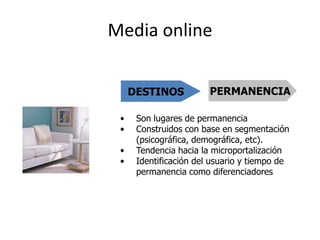 Media online


     DESTINOS           PERMANENCIA

 •    Son lugares de permanencia
 •    Construidos con base en segmentación
      (psicográfica, demográfica, etc).
 •    Tendencia hacia la microportalización
 •    Identificación del usuario y tiempo de
      permanencia como diferenciadores
 