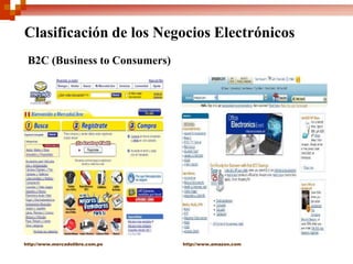 Clasificación de los Negocios Electrónicos
 B2C (Business to Consumers)




http://www.mercadolibre.com.pe   http://www.amazon.com
 