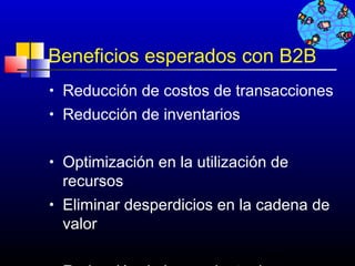 Beneficios esperados con B2B
•   Reducción de costos de transacciones
•   Reducción de inventarios

•   Optimización en la utilización de
    recursos
•   Eliminar desperdicios en la cadena de
    valor
                                 101
 