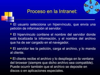Proceso en la Intranet:

 El usuario selecciona un hipervínculo, que envía una
petición de información al servidor.
 El hipervínculo contiene el nombre del servidor donde
está localizada la información, y el nombre del archivo
que ha de ser cargado en el navegador.
 El servidor lee la petición, carga el archivo, y lo manda
al cliente.
 El cliente recibe el archivo y lo despliega en la ventana
del browser (siempre que dicho archivo sea compatible).
Puede ocurrir también que el archivo se deposite en
discos o en aplicaciones especiales.           136
 