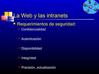 La Web y las intranets
   Requerimientos de seguridad:
       Confidencialidad

       Autenticación

       Disponibilidad

       Integridad

       Precisión, actualización
                                   165
 