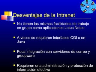 Desventajas de la Intranet
   No tienen las mismas facilidades de trabajo
    en grupo como aplicaciones Lotus Notes

   A veces se requieren interfases CGI o en
    Java

   Poca integración con servidores de correo y
    groupware

   Requieren una administración y protección de
    información efectiva            166
 