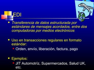 EDI
   Transferencia de datos estructurada por
    estándares de mensajes acordados, entre dos
    computadoras por medios electrónicos

   Uso en transacciones regulares en formato
    estándar:
      Orden, envío, liberación, factura, pago



   Ejemplos:
     JIT Automotríz, Supermercados, Salud UK,

      etc.                            193
 