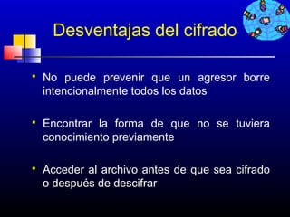 Desventajas del cifrado

   No puede prevenir que un agresor borre
    intencionalmente todos los datos

   Encontrar la forma de que no se tuviera
    conocimiento previamente

   Acceder al archivo antes de que sea cifrado
    o después de descifrar

                                     225
 