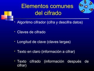 Elementos comunes
          del cifrado
   Algoritmo cifrador (cifra y descifra datos)

   Claves de cifrado

   Longitud de clave (claves largas)

   Texto en claro (información a cifrar)

   Texto cifrado (información después de
    cifrar)
                                       226
 