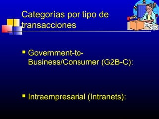 Categorías por tipo de
transacciones

   Government-to-
    Business/Consumer (G2B-C):



   Intraempresarial (Intranets):

                               27
 