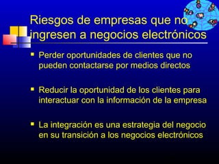Riesgos de empresas que no
ingresen a negocios electrónicos
   Perder oportunidades de clientes que no
    pueden contactarse por medios directos

   Reducir la oportunidad de los clientes para
    interactuar con la información de la empresa

   La integración es una estrategia del negocio
    en su transición a los negocios electrónicos

                                     289
 