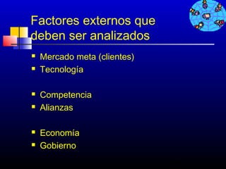 Factores externos que
deben ser analizados
   Mercado meta (clientes)
   Tecnología

   Competencia
   Alianzas

   Economía
   Gobierno
                              296
 