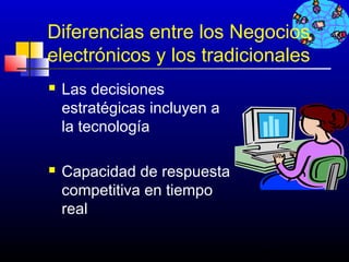 Diferencias entre los Negocios
electrónicos y los tradicionales
   Las decisiones
    estratégicas incluyen a
    la tecnología

   Capacidad de respuesta
    competitiva en tiempo
    real

                              30
 