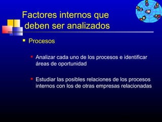 Factores internos que
deben ser analizados
   Procesos

       Analizar cada uno de los procesos e identificar
        áreas de oportunidad

       Estudiar las posibles relaciones de los procesos
        internos con los de otras empresas relacionadas




                                            303
 