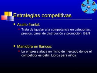 Estrategias competitivas
   Asalto frontal:
       Trata de igualar a la competencia en categorías,
        precios, canal de distribución y promoción. B&N


   Maniobra en flancos:
       La empresa ataca un nicho de mercado donde el
        competidor es débil. Libros para niños



                                           324
 