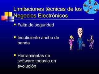 Limitaciones técnicas de los
Negocios Electrónicos
   Falta de seguridad

   Insuficiente ancho de
    banda

   Herramientas de
    software todavía en
    evolución
                            33
 