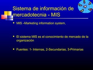 Sistema de información de
mercadotecnia - MIS
   MIS –Marketing information system,



   El sistema MIS es el conocimiento de mercado de la
    organización

   Fuentes: 1- Internas, 2-Secundarias, 3-Primarias




                                          404
 